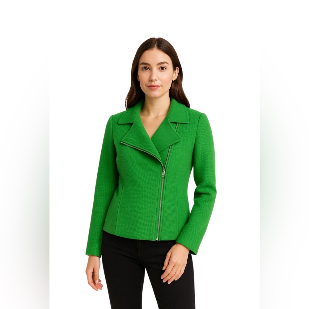 Talbots Wool Blend Knit Moto Style Jacket Size 12 Kelly Green Minimal Winter